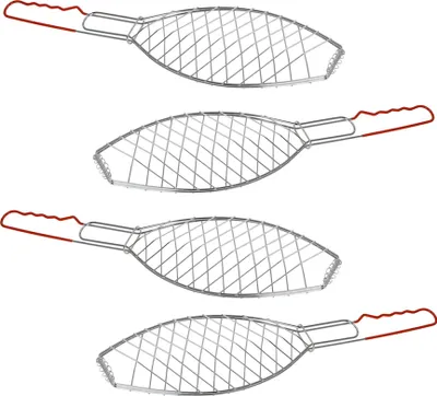 Produktbild von Fischgrillklammer 4er Set, Edelstahl, Silber, 58x13x3 cm, anpassbar, mit Gitter und Griff