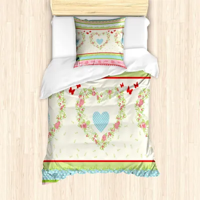 Produktbild von ABAKUHAUS Shabby Flora Bettbezug Set, Landhausstil Rosen und Grenzen Schmetterlinge Ameisen Herzformen und Tupfen, 135 x 200 cm + 80 x 80 cm, Mehrfarbig