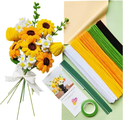 Produktbild von Sonnenblumen Blumenstrau?,Pfeifenreiniger Blumen Set,mit 500 Stš¹ck Pfeifenputzer zum basteln Blumen(5 Farben),Anweisungen,12 Stš¹ck Grš¹n Basteldraht,Geschenkpapier,Geschenkband,Blumenband