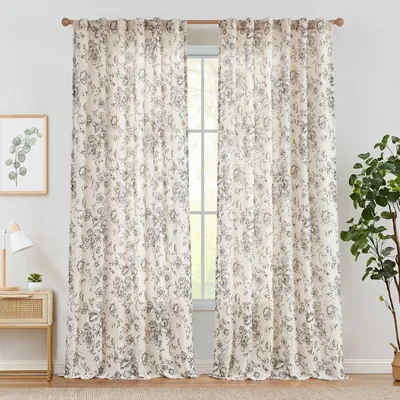Linnen Vorhang 2er-Set, 96x240 cm, Blumenmuster, Schwarz auf Beige