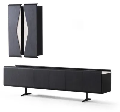 Image de Ensemble de salon noir avec armoire murale et meuble TV bas en bois