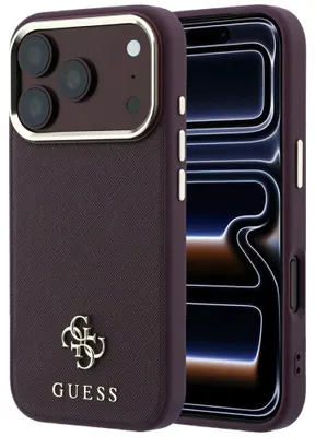 Image de Coque pour iPhone Guess Saffiano Small 4G Classic Logo, modèle compatible avec iPhone 18 Pro / 17 Pro, avec MagSafe, couleur bordeaux