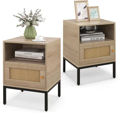 Two identical wooden nightstands with rattan doors and black metal legs are shown against a white background. The nightstands have an open shelf above a cabinet with a rattan door.