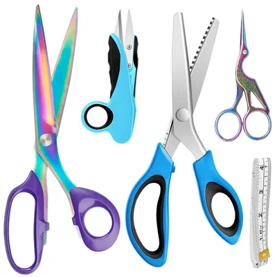 Produktbild von Nähset, scharfes Edelstahlmesser mit komfortablem Griff, Stoffschere, Zackenschere, Stickschere, Fadenschneider, Maßband, 5-teilig