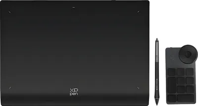 A black graphics tablet, stylus, and shortcut remote are laid out on a white background.