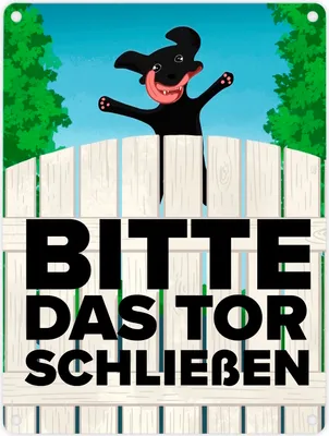 Produktbild von Bitte das Tor schließen Metallschild in 15x20 cm mit lustigem schwarzem Hund