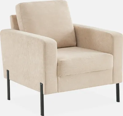 A beige armchair with black metal legs against a white background.