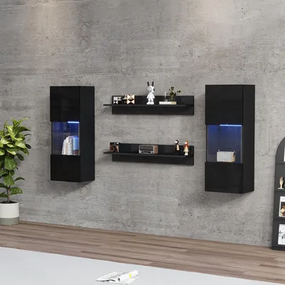 Immagine prodotto di Fortuna Lai Set di 4 mensole a muro, armadio a muro LED e 2 mensole - Illuminazione intelligente controllata tramite app, superficie lucida e ante in vetro temperato, per soggiorno, compatibile con TV, set di mobili TV, nero