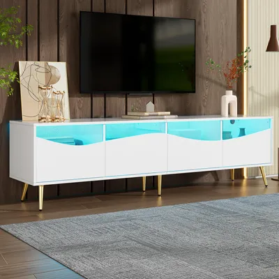 Zdjęcie produktu dla Merax nowoczesna szafka TV 180x40x50 cm z oświetleniem LED i sterowaniem Bluetooth, szafka TV ze szklanym frontem i złotymi metalowymi nóżkami, stolik TV orzechowy