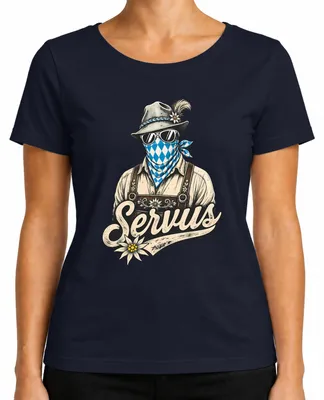 Productafbeelding van Servus, traditionele lederen broek, klederdracht, Wiesn-kleding, traditioneel shirt, Dirndl, Edelweiß, dames T-shirt, marineblauw, maat M