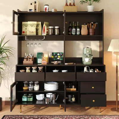 Image de Armoire de cuisine haute avec porte en verre et étagère à verres à vin, 145 x 39 x 171 cm, noire