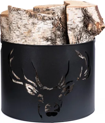 Produktbild von Kaminholzkorb 33 x 26 cm – Metall Schwarz pulverbeschichtet – Holzträger mit Hirschmuster – Robuster Holzkorb für Kamin, Wohnzimmer & Deko, Kaminholzträge - Feuerholz Aufbewahrung
