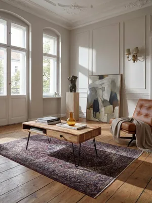 Produktbild von Couchtisch BAGLI Massiv-Holz Akazie 110 cm breit Wohnzimmer-Tisch Design Metallbeine Landhaus-Stil Beistelltisch