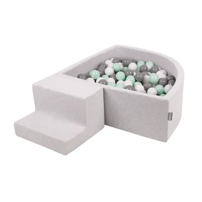 Image de KiddyMoon aire de jeux en mousse avec piscine en quart de cercle avec balles (100 balles) course d'obstacles, gris clair:blanc/gris/minze