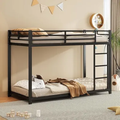 Image de Lit superposé 90x200 cm, lit double pour 2 enfants, structure de lit en métal, lits superposés avec barrières de sécurité robustes (noir, 90x200 cm)