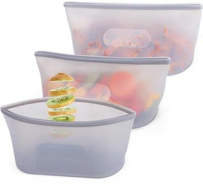 Zdjęcie produktu dla Zestaw 3 wielokrotnego użytku silikonowych woreczków do przechowywania żywności Unyqoos® – pojemność 750 ml (23 x 9,5 cm), bezpiecznych dla kontaktu z żywnością, z hermetycznym zamknięciem, nadających się do zamrażania, podgrzewania w mikrofalówce i mycia w zmywarce