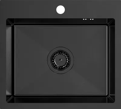 A top-down view of a black stainless steel kitchen sink.