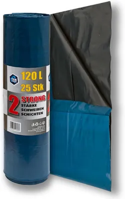 Produktbild von PAM-FOLIE Extra Starke Müllsäcke 120L - 25 Stück - Große, Dicke Abfallsäcke - 70x110cm - Doppelschicht - schwarzer, blauer Müllbeutel