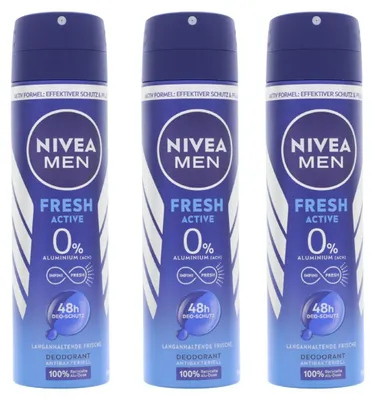 Produktbild von 3 x Nivea Men Fresh Active Deo Spray je 150ml 48h Schutz  0% Aluminium