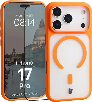 Produktbild von Schutzhülle mit Magnetring + gehärtetem Glas für iPhone 17 Pro, Bizon MatteO Pack, Getönt-Orange