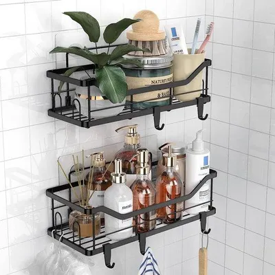 Image de Unyqoos® Étagère de douche sans perçage – Lot de 2 étagères de douche en acier inoxydable (SUS304), avec 4 crochets fixes et 5 crochets amovibles, capacité jusqu'à 10 kg, couleur noire, pour salle de bain et cuisine