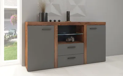 Produktbild von Kommode RUMBA 2D 2S 157x82x41 Wohnzimmer Sideboard mit 2 Türen mit Schubladen Graphit/Lefkas