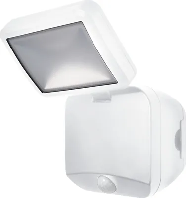 A white LED outdoor spotlight with a motion sensor, shown against a white background.
