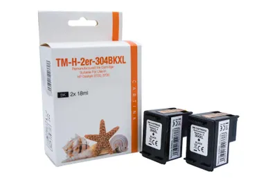A product shot of HP 304 XL BK refill ink cartridges and their packaging, set against a white background.
