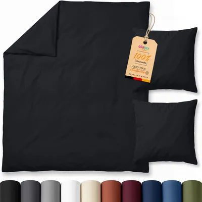 Produktbild von EllaTex Renforcé Bettwäsche 200x200 + 2x 80x80 cm Baumwolle – 3 teiliges Bettwäsche Set, in Farbe: Schwarz