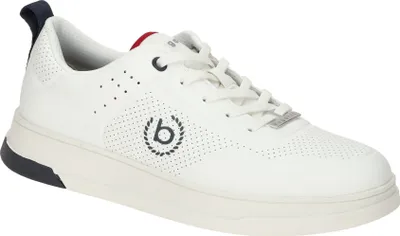 A white Bugatti sneaker with navy and red accents is shown against a white background.