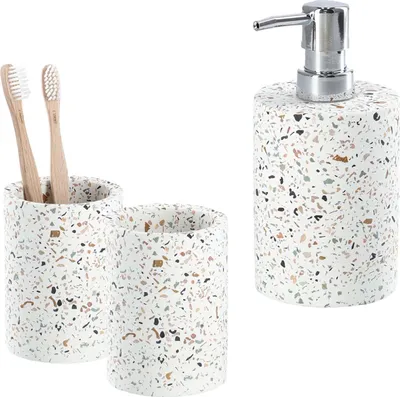 Produktbild von 3-teiliges Badezimmer-Set Terrazzo Muster, Badzubehör-Set besteht aus: Seifenspender, 2x Zahnputzbecher, moderne Badausstattung von Zeller
