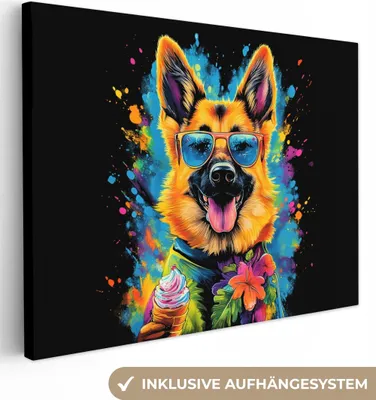 Produktbild von MuchoWow® - Leinwandbilder - Graffiti - Sommer - Hund - Tier, Wandbild, Wanddeko Bilder Wohnzimmer, 80x60cm