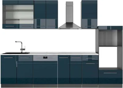 Immagine prodotto di Cucina componibile Vicco Fame-Line Blu scuro lucido/antracite 300 cm con armadio alto, PL Marmo, Model 49725