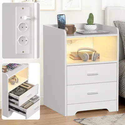Zdjęcie produktu dla Stolik nocny Ikodm na 4 kółkach, z oświetleniem RGB z funkcjami muzycznymi i timerem, 2 szuflady, otwarta półka, 2 gniazdka, USB, USB-C, biały