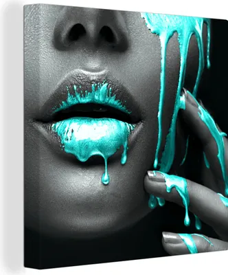 Produktbild von MuchoWow® - Leinwandbilder - Lippen - Blau - Schwarz, Wandbild, Wanddeko Bilder Wohnzimmer, 50x50 cm