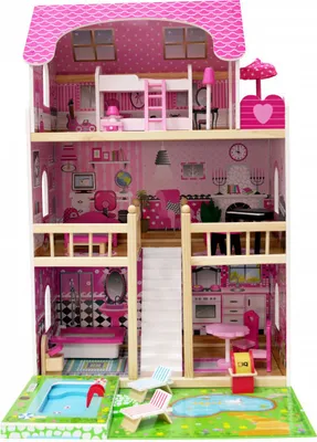 Produktbild von 4iQ Holzpuppenhaus DARIA mit Tarasse, Schwimmbad und Zubehör 59,5x59x90 cm