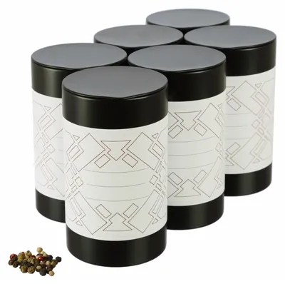 Produktbild von Dosenritter | 6 x runde Gewürzdose / Teedose, inkl. 6 graphische-Etiketten | aromadicht aus Metall für je 140g Earl Grey | 12.8 x 7.4 cm (H,ø)