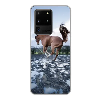 Produktbild von MuchoWow® Handyhülle Schutzhülle Hülle für Samsung Galaxy S20 Ultra Ein bockendes Pferd in den Pfützen Silikon Softcase Handy Hülle - Karteninhaber