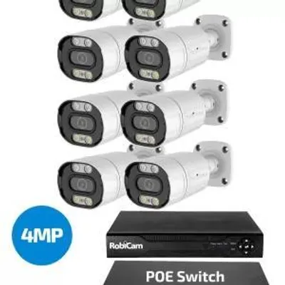 Zdjęcie produktu dla Zestaw 8 kamer typu bullet z zasilaniem POE, 4 MP, rejestrator NVR, przełącznik POE
