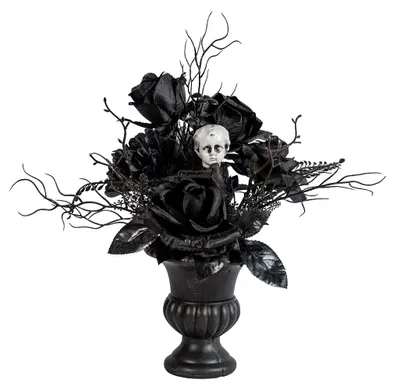 Produktbild von Schwarze Rosen & Puttenkopf in Gothic Vase 31cm – Elegante Horror & Gothic Deko für Zuhause