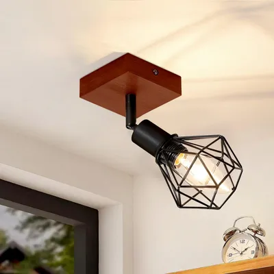 A single black metal cage ceiling spotlight with a wooden base is mounted on a white ceiling, angled downwards.