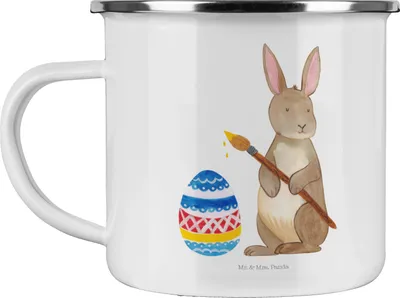 Produktbild von Mr. & Mrs. Panda Haferl Hase Eier Malen - Weiß - Geschenk, becher emaille, Teetasse, Pott, Ostergrüße, Kaninchen, Teebecher, Frohe Ostern, Osterei, Tasse