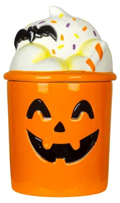Produktbild von Halloween Kürbis Milkshake Keksdose aus Keramik mit Sahnehaube 23 cm
