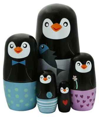Productafbeelding van Houten Russische poppen, 5 stuks, dieren, pinguïns, schattige Matroesjka-pop