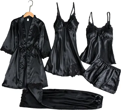Produktbild von 5-teiliges Pyjama-Set für Damen, Nachthemd, Oberteil, Shorts, Hosen, seidig, Satin, Spitze, Patchwork, lockere Schnürung, Taille, dünnes Damen-Homewear-Set, Nachtwäsche-Set