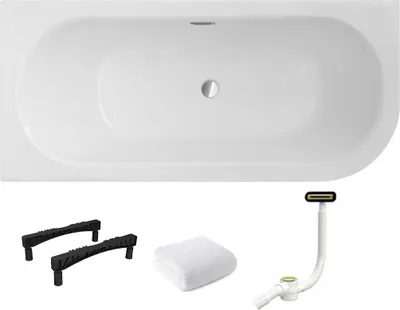 Produktbild von Aqua For You | Avita Badewanne - 170 x 75 cm - Links - Asymmetrisch – Acryl – Gold Siphon – Gestell Typ W – Modern – Duschbadewanne geeignet
