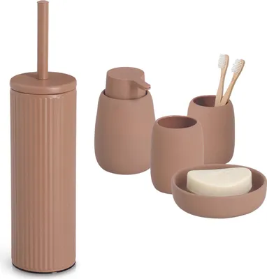 Produktbild von 5-teiliges Badezimmer-Set Keramik mocca, Badzubehör-Set besteht aus: Seifenspender, 2x Zahnputzbecher, Seifenschale, WC-Bürste, moderne Badausstattung