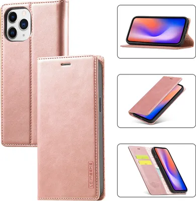 Immagine prodotto di custodia in pelle per iPhone 11 con funzione stand e portacarte, custodia con design a portafoglio per iPhone 11 rosa