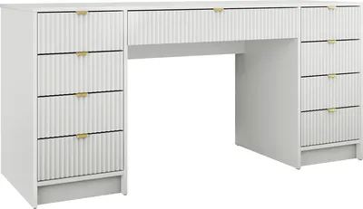 A white desk with gold handles against a white background.