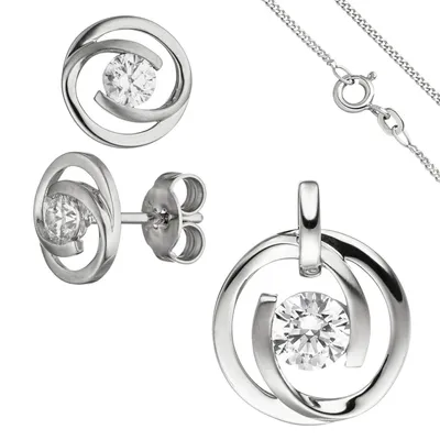 Produktbild von Schmuck-Set aus 333 Gold Weißgold 3 Zirkonia Ohrringe Anhänger und Kette 42cm